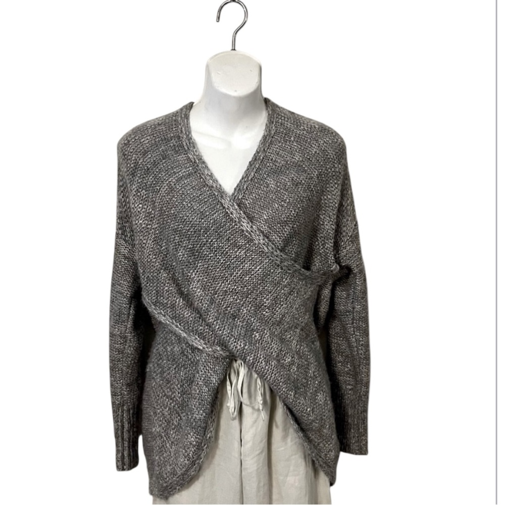 She + Sky Criss Cross Gray V Neck Chunky Knit Long Sleeve Wrap Style Sweater
